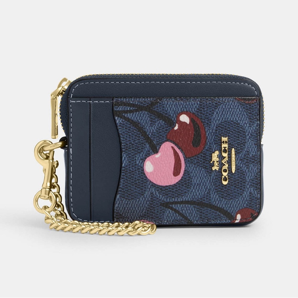 Coach Navy Cherry Print Card Case with Gold Chain